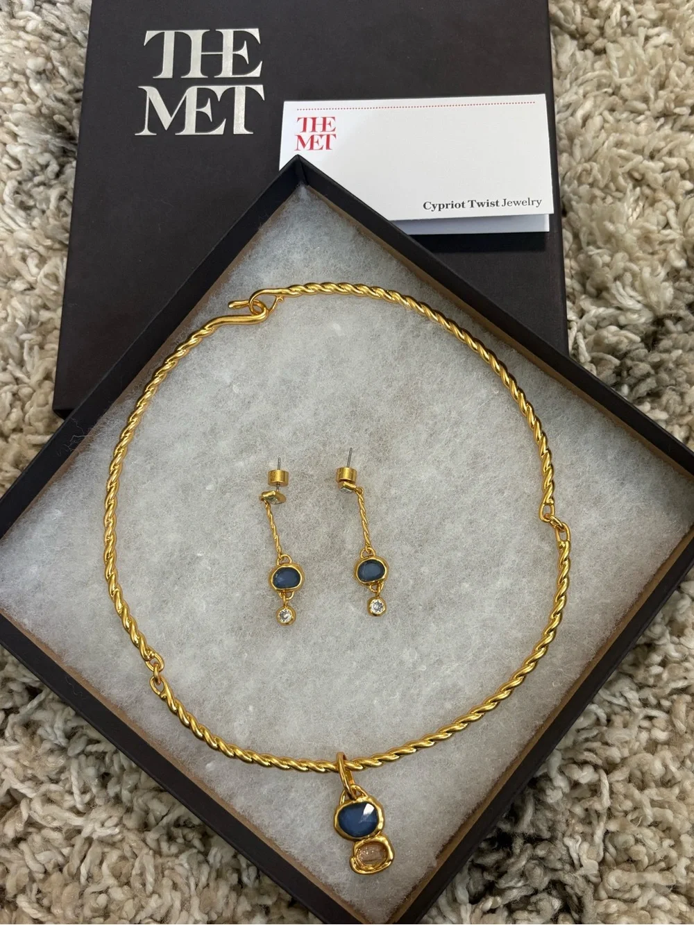 The Met Cypriot Twist Gold Plated Necklace & Earring Set with Blue Stones